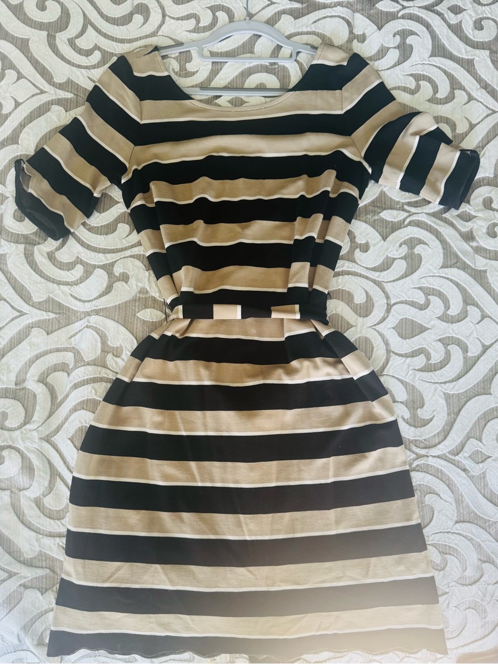 Banana Republic - Striped Black & Tan Belted Dress